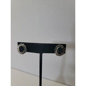 Vintage Blue Rhinestone Clip On Earrings Sunburst Halo Silver Tone Mid Century